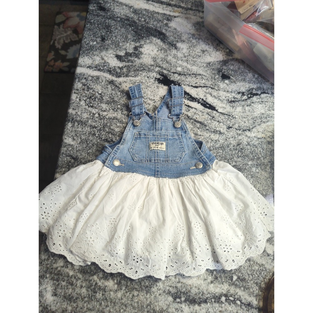 Oshkosh B'Gosh Baby Denim Jumper Dress White Eyelet Skirt Vestbak 12 Months
